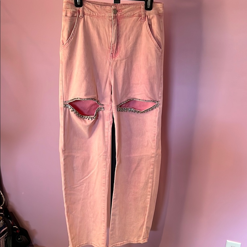 Pink Distressed rhinestone Detail Pants